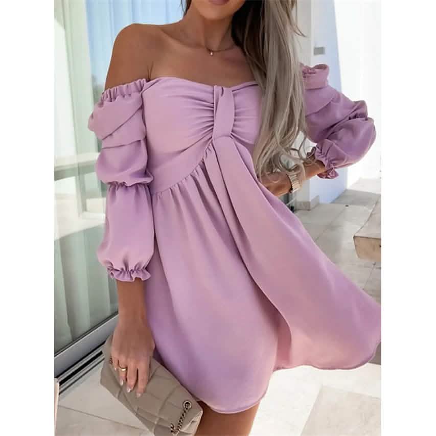 Women's Off Shoulder Casual Puff Sleeve Dress Pink Women's Dresses - Tophatter Daily Deals