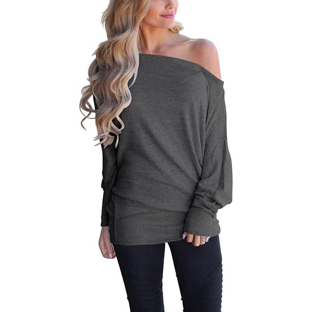 Women's Off-Shoulder Long-Sleeved Top Gray Women's Tops - Tophatter Daily Deals