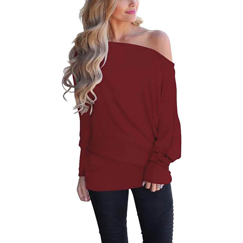 Women's Off-Shoulder Long-Sleeved Top Wine Red Women's Tops - Tophatter Daily Deals