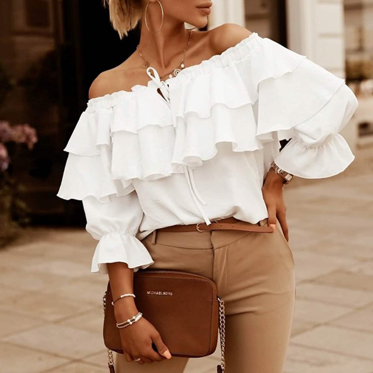 Women's Off Shoulder Ruffle Long Sleeve Shirt Casual Layered Top Women's Tops - Tophatter Daily Deals