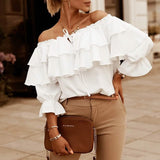 Women's Off Shoulder Ruffle Long Sleeve Shirt Casual Layered Top Women's Tops - Tophatter Daily Deals