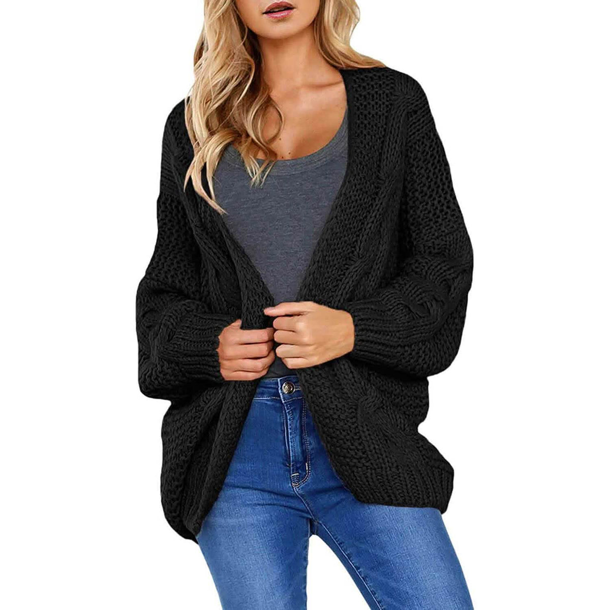 Womens Open Front Long Sleeve Chunky Knit Cardigan Sweaters Loose Outwear Coat Black Women's Outerwear - Tophatter Daily Deals