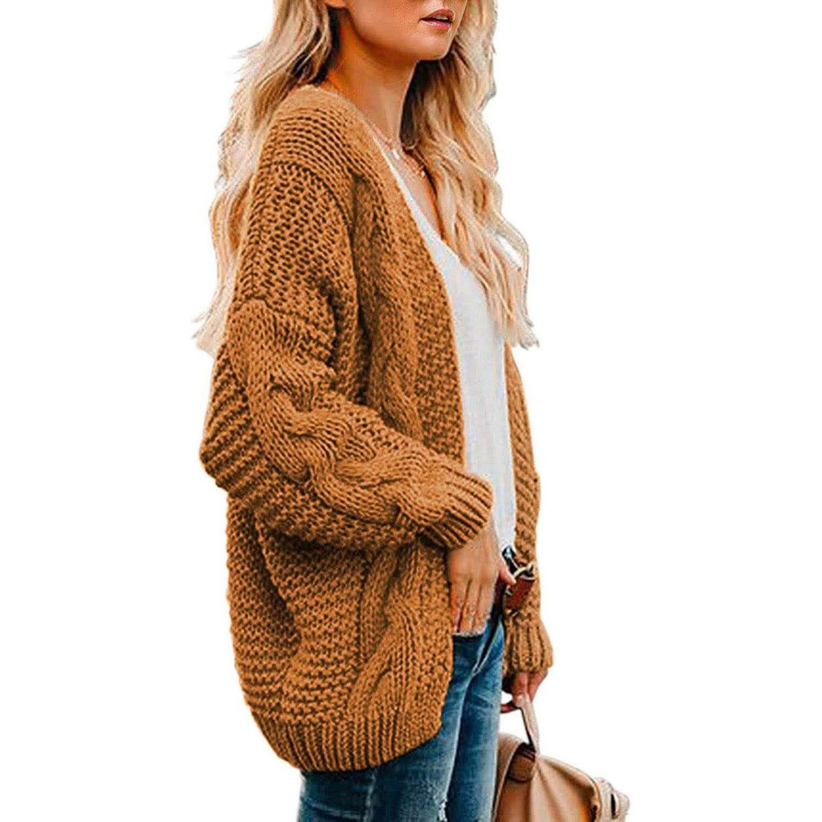 Womens Open Front Long Sleeve Chunky Knit Cardigan Sweaters Loose Outwear Coat Women's Outerwear - Tophatter Daily Deals