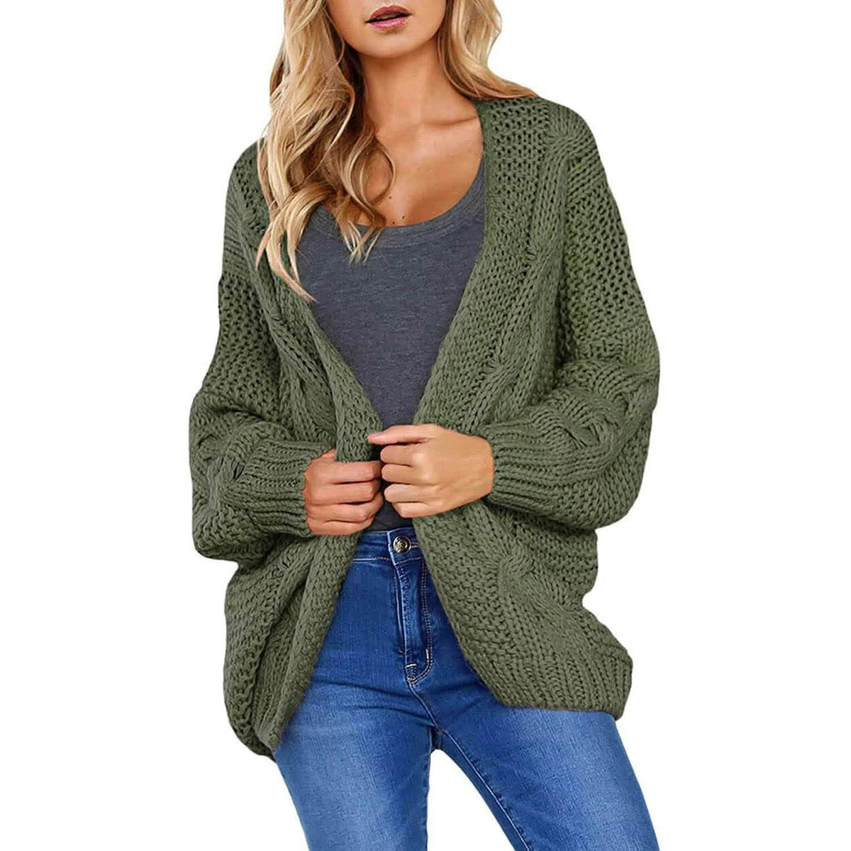 Womens Open Front Long Sleeve Chunky Knit Cardigan Sweaters Loose Outwear Coat Green Women's Outerwear - Tophatter Daily Deals
