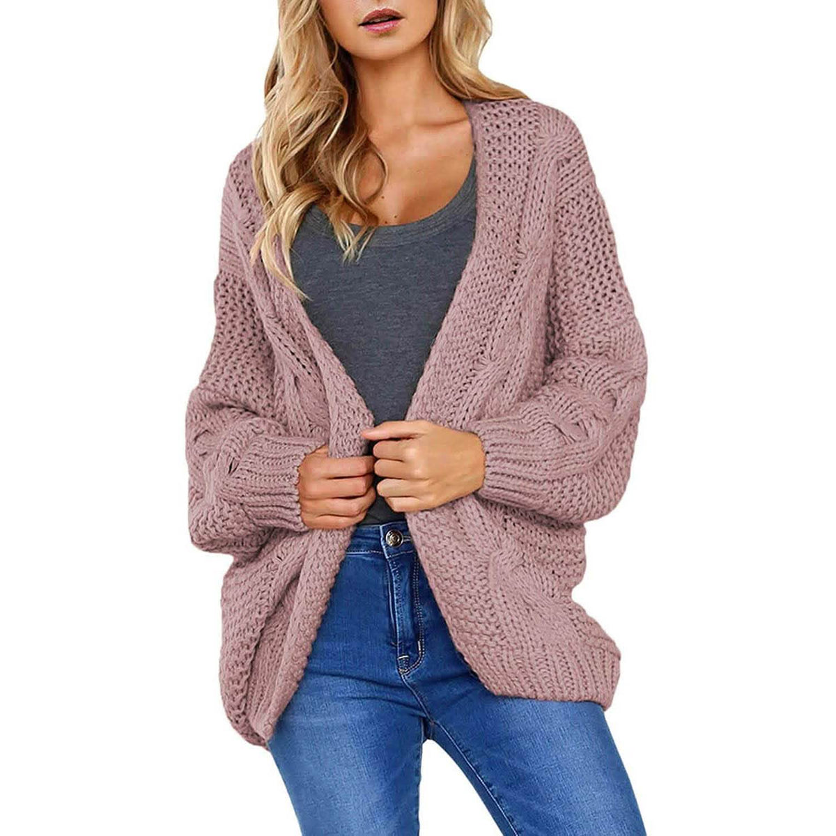 Womens Open Front Long Sleeve Chunky Knit Cardigan Sweaters Loose Outwear Coat Pink Women's Outerwear - Tophatter Daily Deals