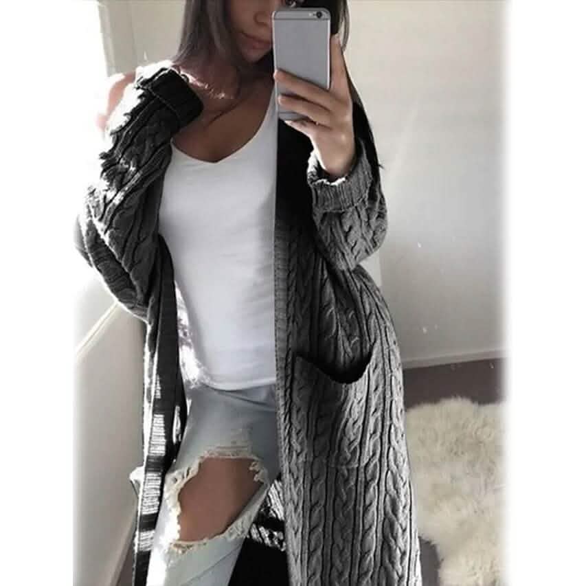 Women's Pocket Knitted Cardigan Sweater Dark Gray Women's Outerwear - Tophatter Daily Deals