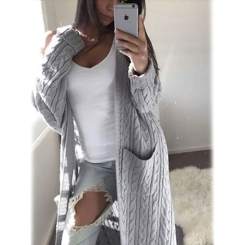 Women's Pocket Knitted Cardigan Sweater Light Gray Women's Outerwear - Tophatter Daily Deals