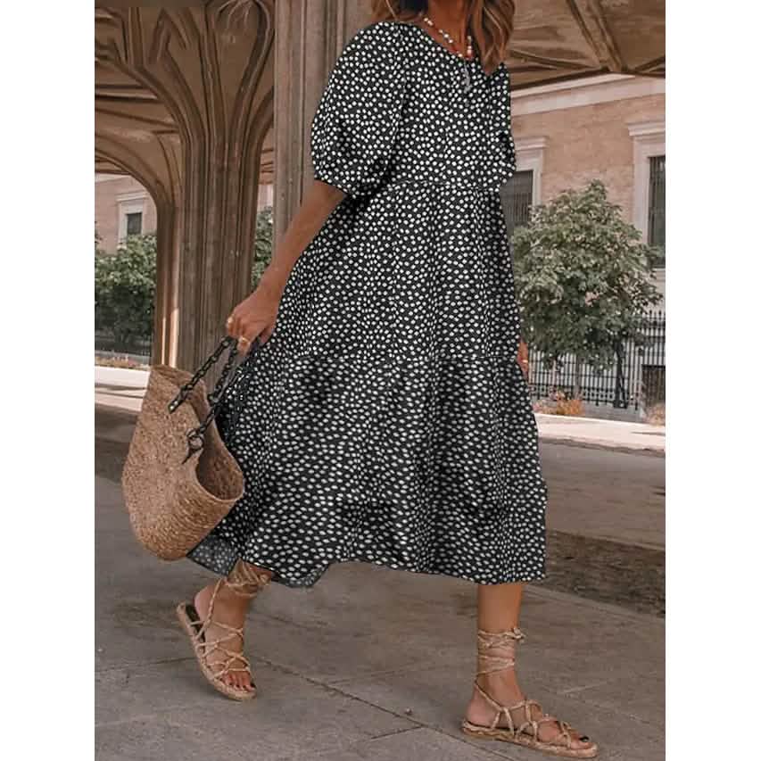 Women's Ruffled Patchwork Print Midi Dress Black Women's Dresses - Tophatter Daily Deals
