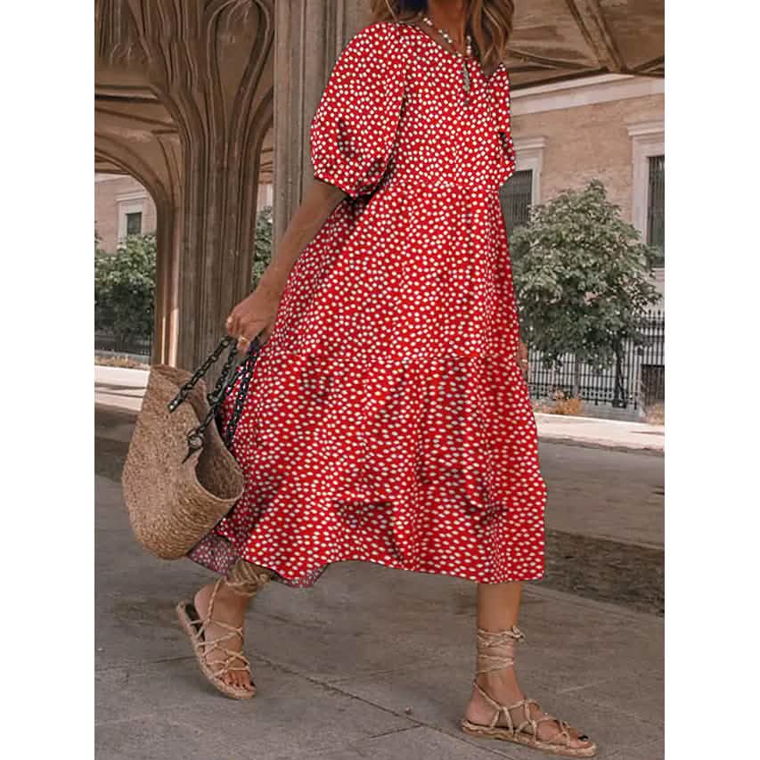 Women's Ruffled Patchwork Print Midi Dress Red Women's Dresses - Tophatter Daily Deals