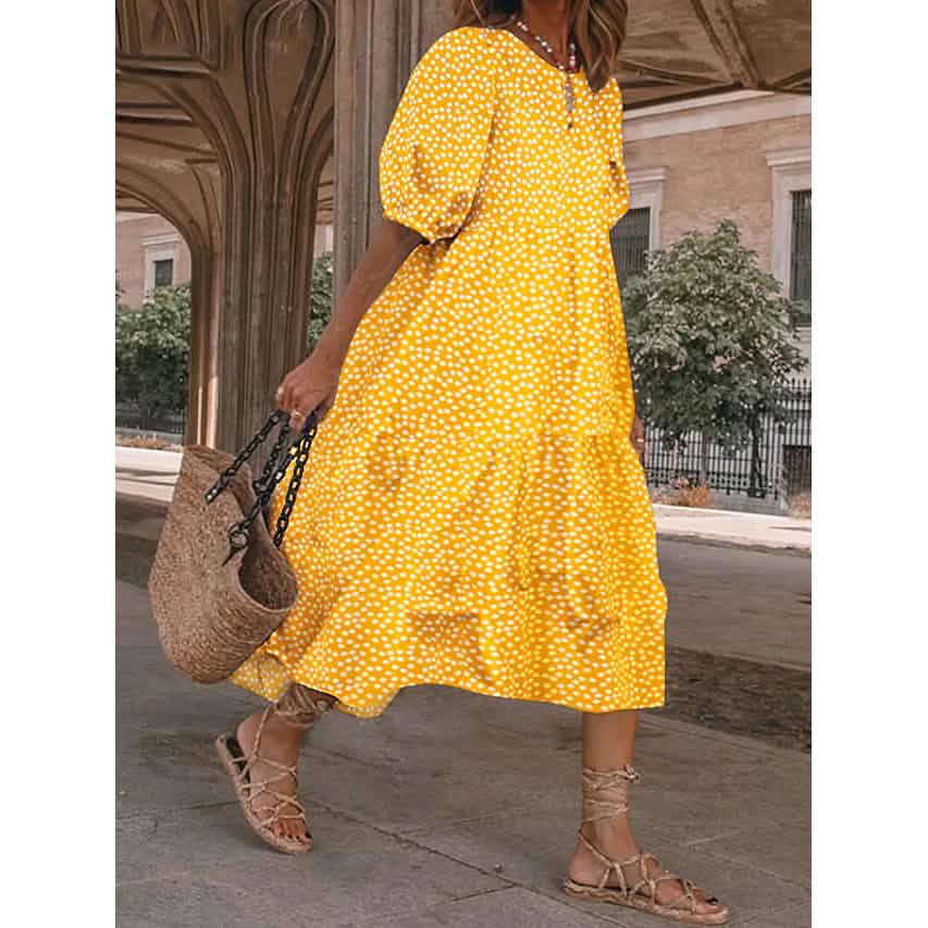Women's Ruffled Patchwork Print Midi Dress Yellow Women's Dresses - Tophatter Daily Deals