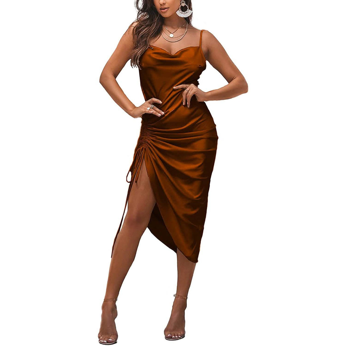 Women's Satin Spaghetti Strap Dress Brown Women's Dresses - Tophatter Daily Deals