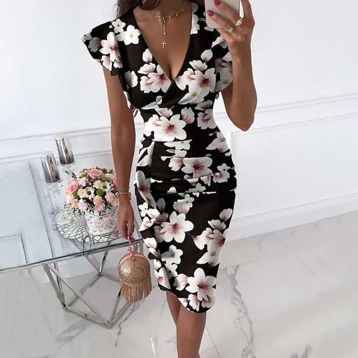 Women's Sheath Knee Length Dress White Flowers on Black Women's Dresses - Tophatter Daily Deals