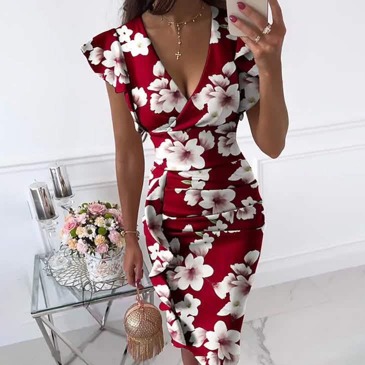 Women's Sheath Knee Length Dress White Flowers on Red Background Women's Dresses - Tophatter Daily Deals