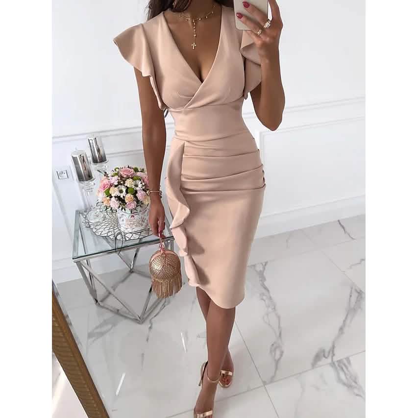 Women's Sheath V-Neck Knee Length Dress Apricot Women's Dresses - Tophatter Daily Deals