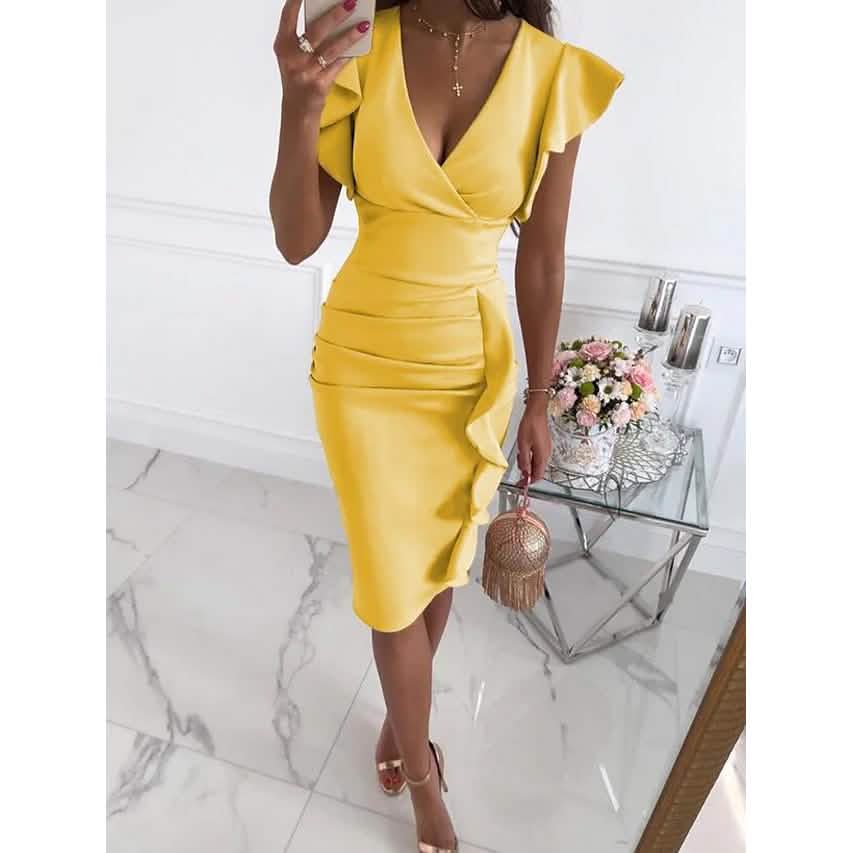 Women's Sheath V-Neck Knee Length Dress Yellow Women's Dresses - Tophatter Daily Deals
