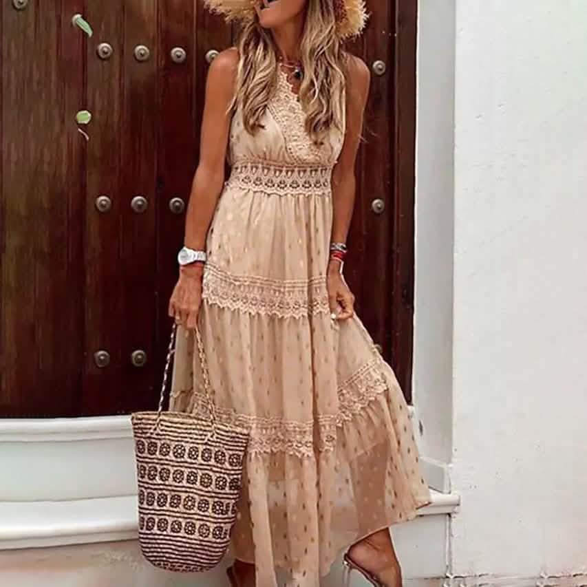 Women's Sleeveless Solid Color Lace Panel Dress Beige Women's Dresses - Tophatter Daily Deals