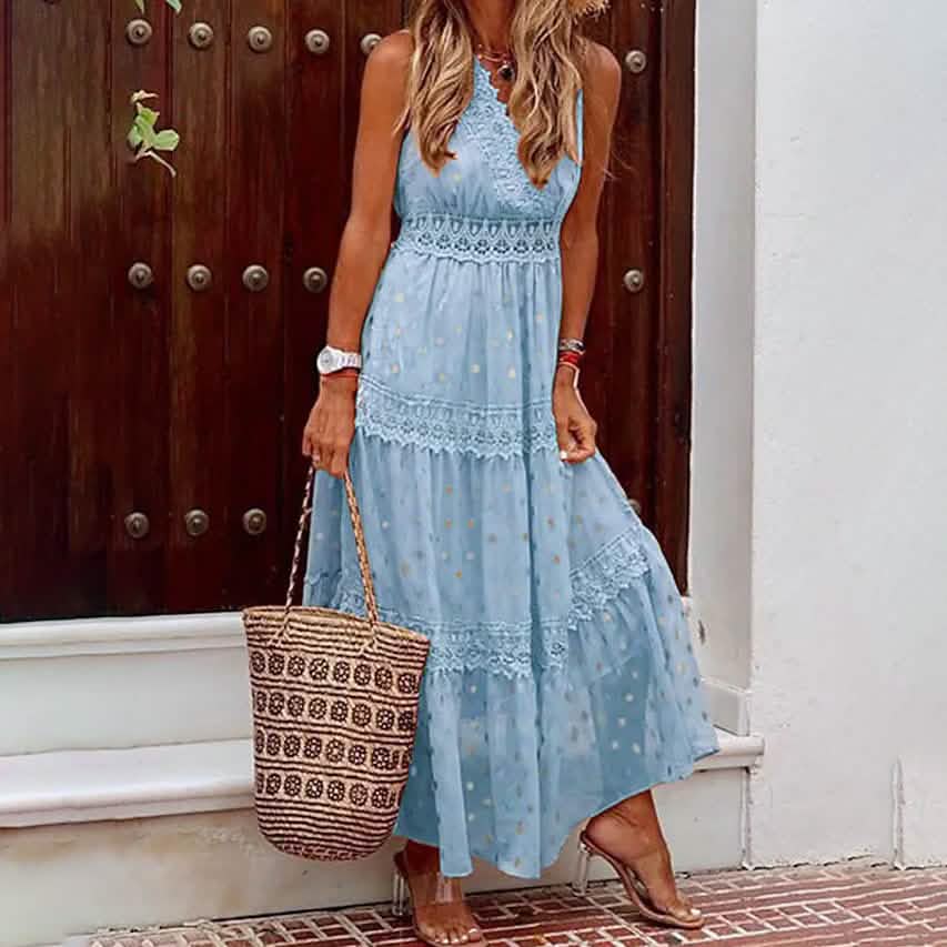 Women's Sleeveless Solid Color Lace Panel Dress Blue Women's Dresses - Tophatter Daily Deals