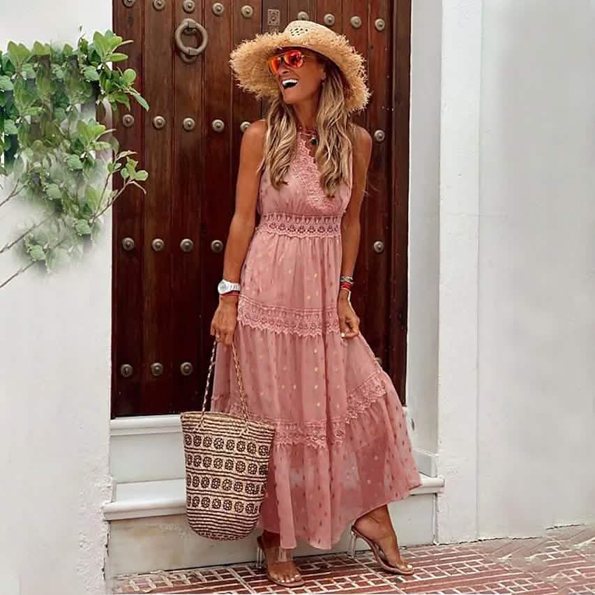 Women's Sleeveless Solid Color Lace Panel Dress Pink Women's Dresses - Tophatter Daily Deals
