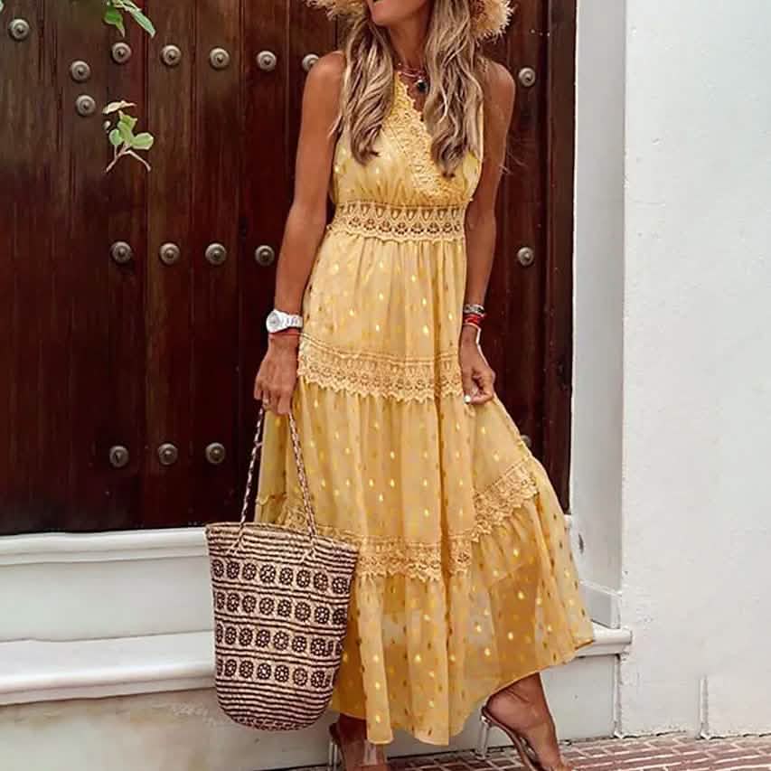 Women's Sleeveless Solid Color Lace Panel Dress Yellow Women's Dresses - Tophatter Daily Deals