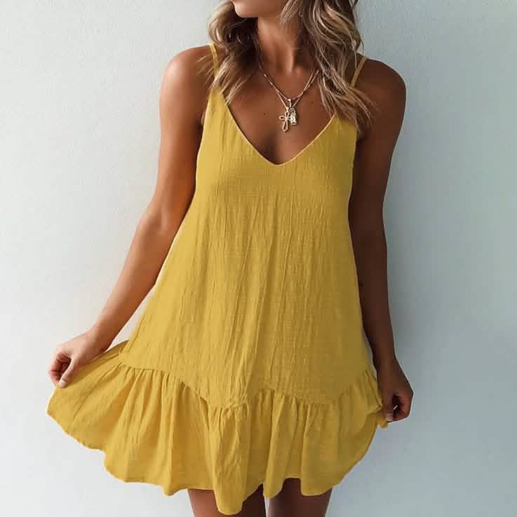 Women's Sleeveless Solid Color V-Neck Mini Dress Yellow Women's Dresses - Tophatter Daily Deals