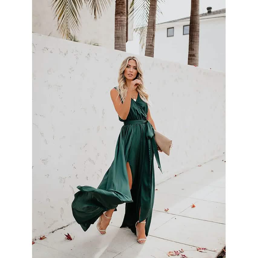 Women's Solid Color Slit Tie Maxi Dress Green Women's Dresses - Tophatter Daily Deals