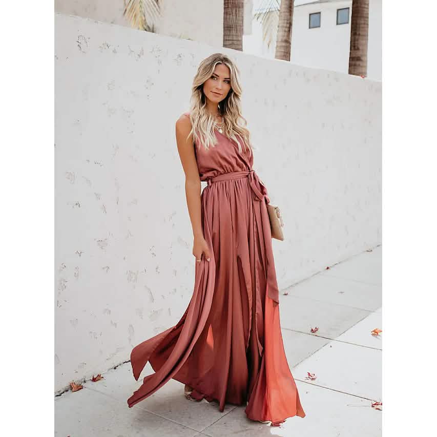 Women's Solid Color Slit Tie Maxi Dress Pink Women's Dresses - Tophatter Daily Deals
