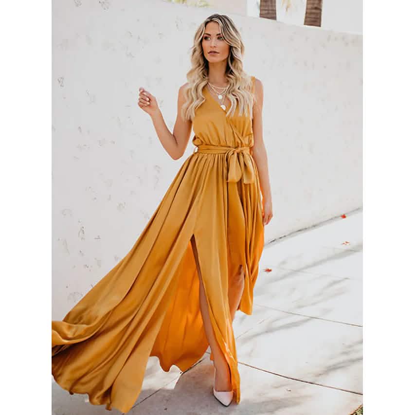 Women's Solid Color Slit Tie Maxi Dress Yellow Women's Dresses - Tophatter Daily Deals