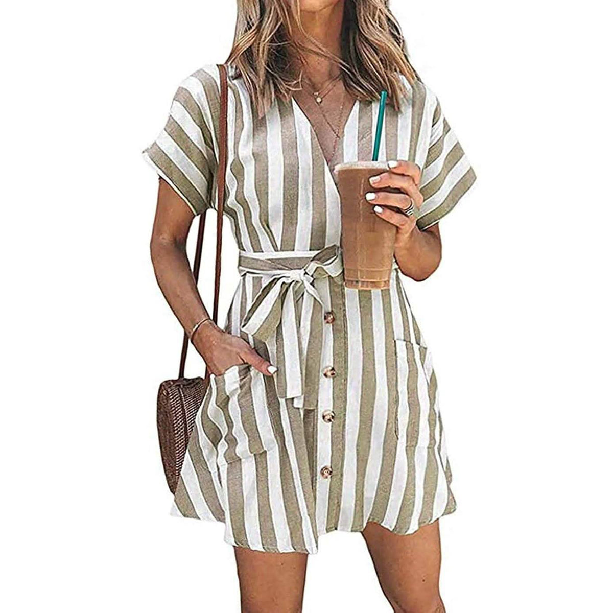Womens Stripe Short Sleeve Wrap V Neck Button Front Tie Belted Dress Apricot Women's Dresses - Tophatter Daily Deals