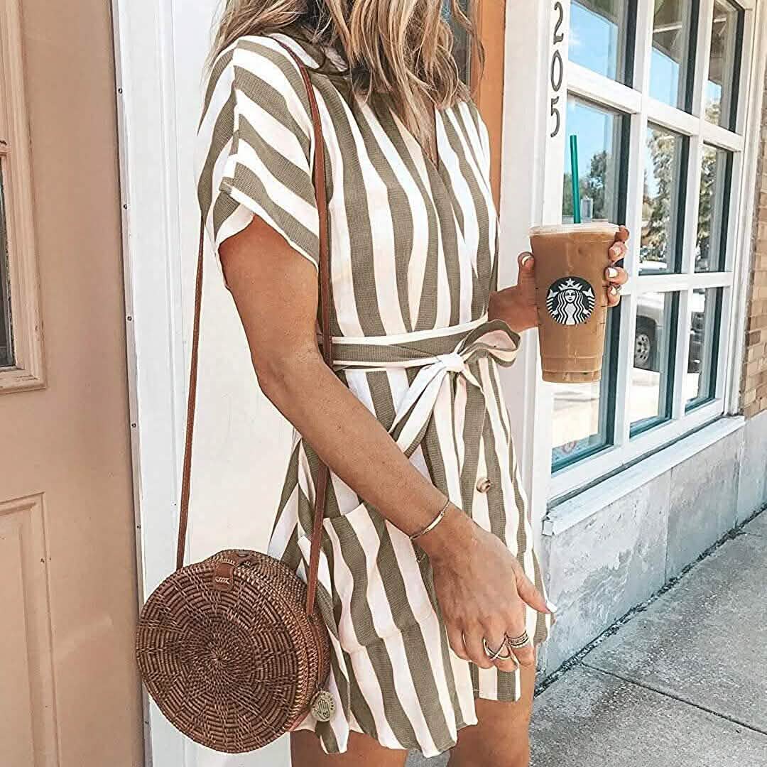 Womens Stripe Short Sleeve Wrap V Neck Button Front Tie Belted Dress Women's Dresses - Tophatter Daily Deals
