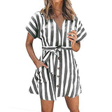 Womens Stripe Short Sleeve Wrap V Neck Button Front Tie Belted Dress Gray Women's Dresses - Tophatter Daily Deals