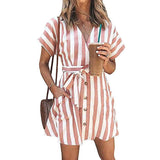 Womens Stripe Short Sleeve Wrap V Neck Button Front Tie Belted Dress Pink Women's Dresses - Tophatter Daily Deals