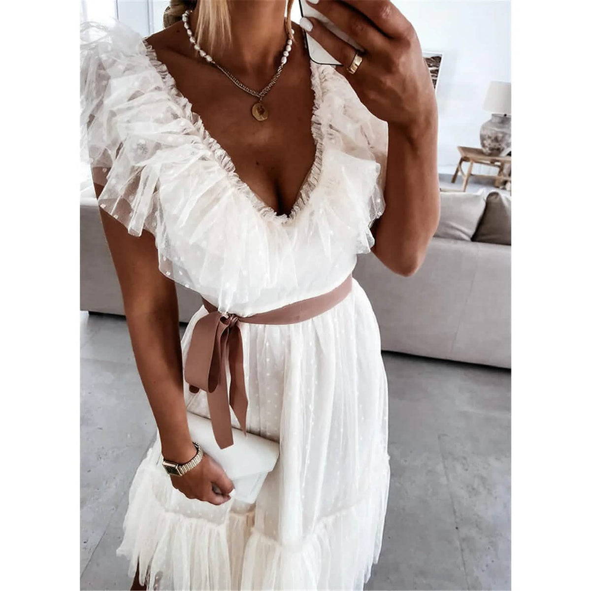 Women's V-Neck Solid Pleated Dress Women's Dresses - Tophatter Daily Deals