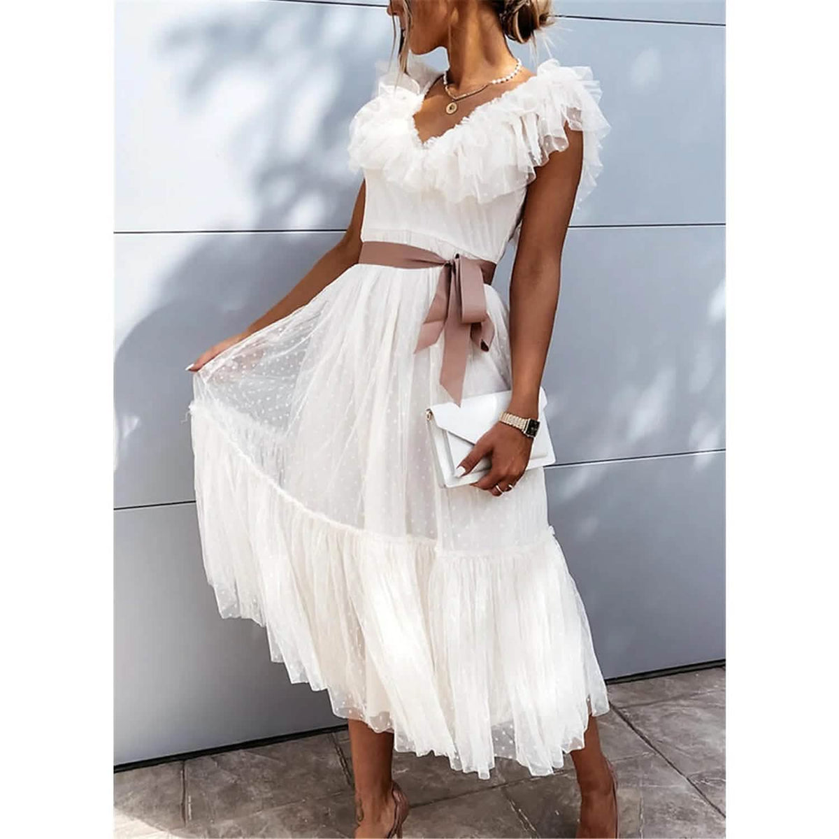 Women's V-Neck Solid Pleated Dress White Women's Dresses - Tophatter Daily Deals