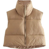 Women's Winter Crop Vest Lightweight Sleeveless Warm Outerwear Puffer Vest Padded Gilet Khaki Women's Outerwear - Tophatter Daily Deals