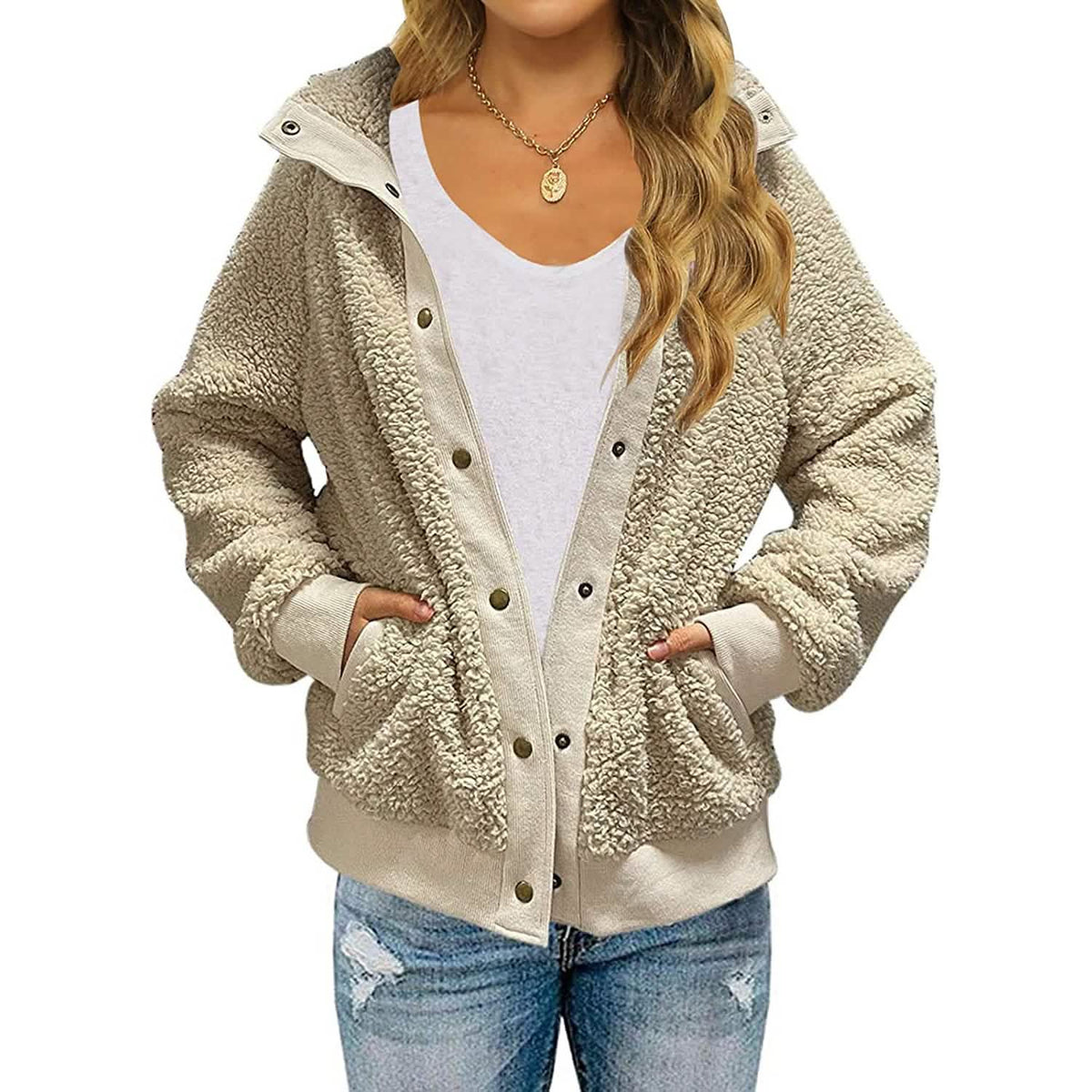 Womens Winter Sherpa Fleece Button Jacket Coat Beige Women's Outerwear - Tophatter Daily Deals