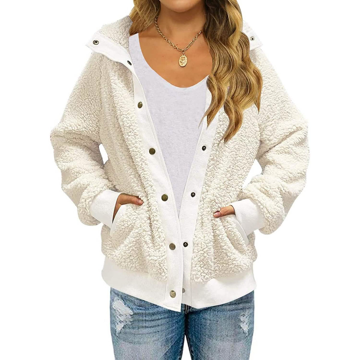 Womens Winter Sherpa Fleece Button Jacket Coat Cream Women's Outerwear - Tophatter Daily Deals