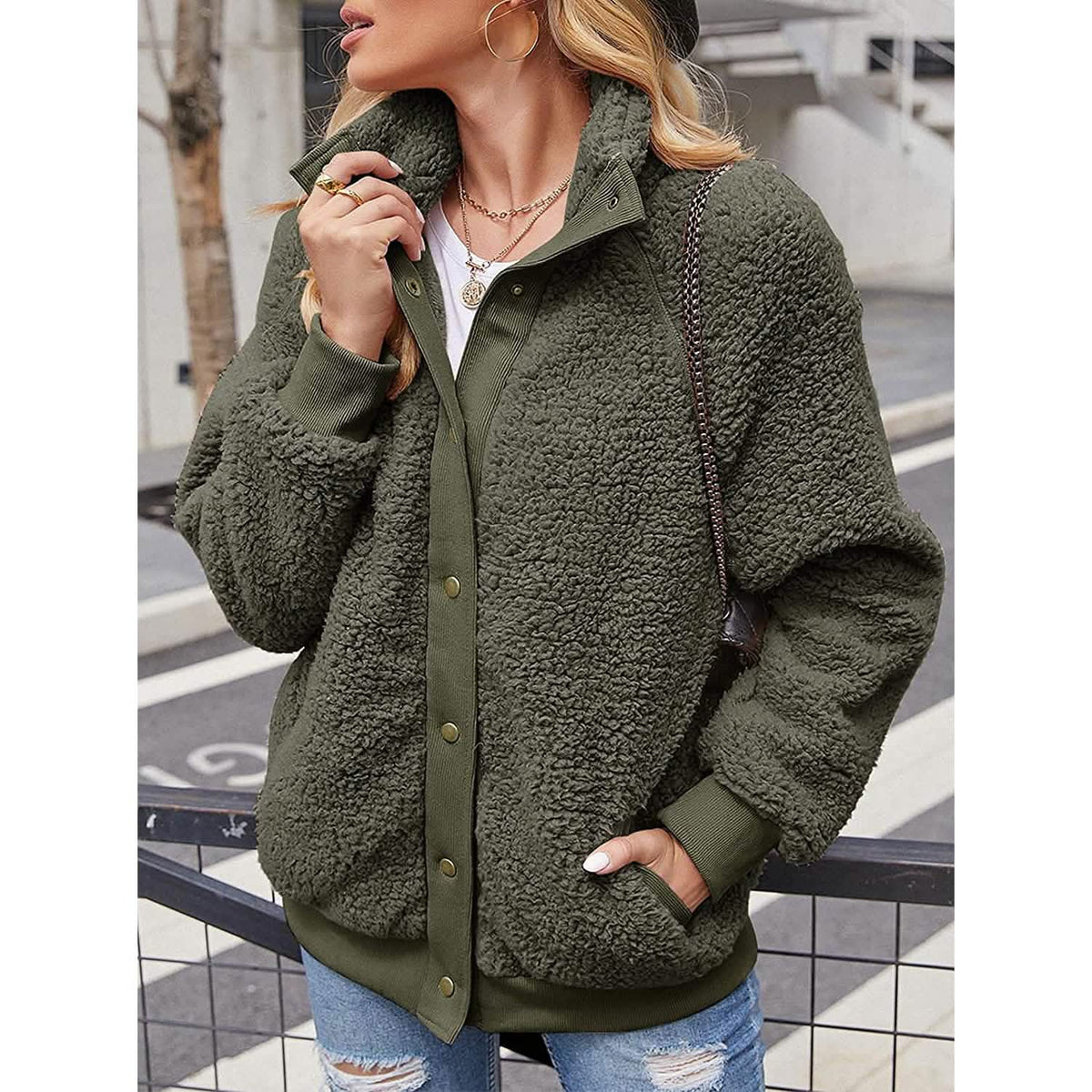 Womens Winter Sherpa Fleece Button Jacket Coat Women's Outerwear - Tophatter Daily Deals