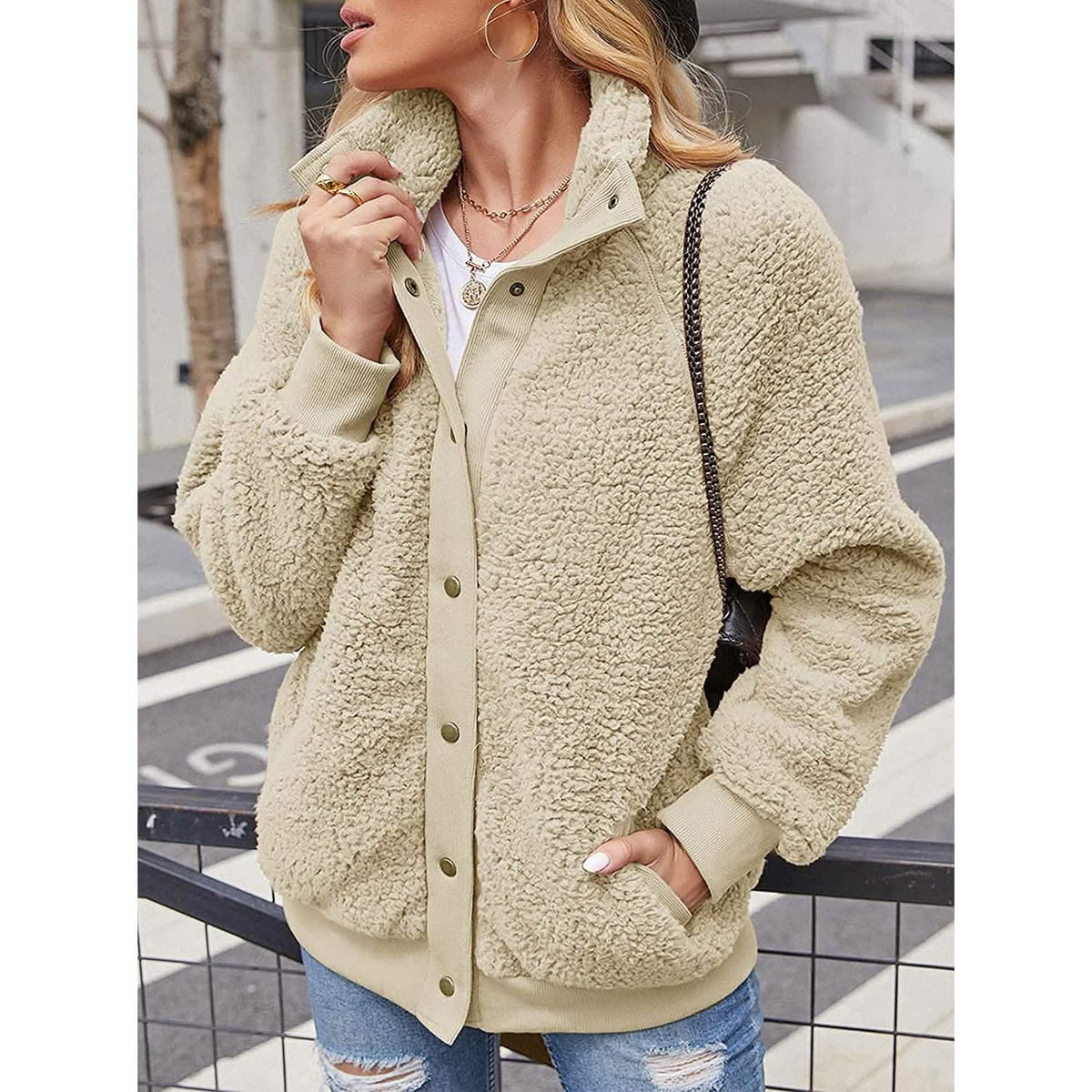 Womens Winter Sherpa Fleece Button Jacket Coat Women's Outerwear - Tophatter Daily Deals