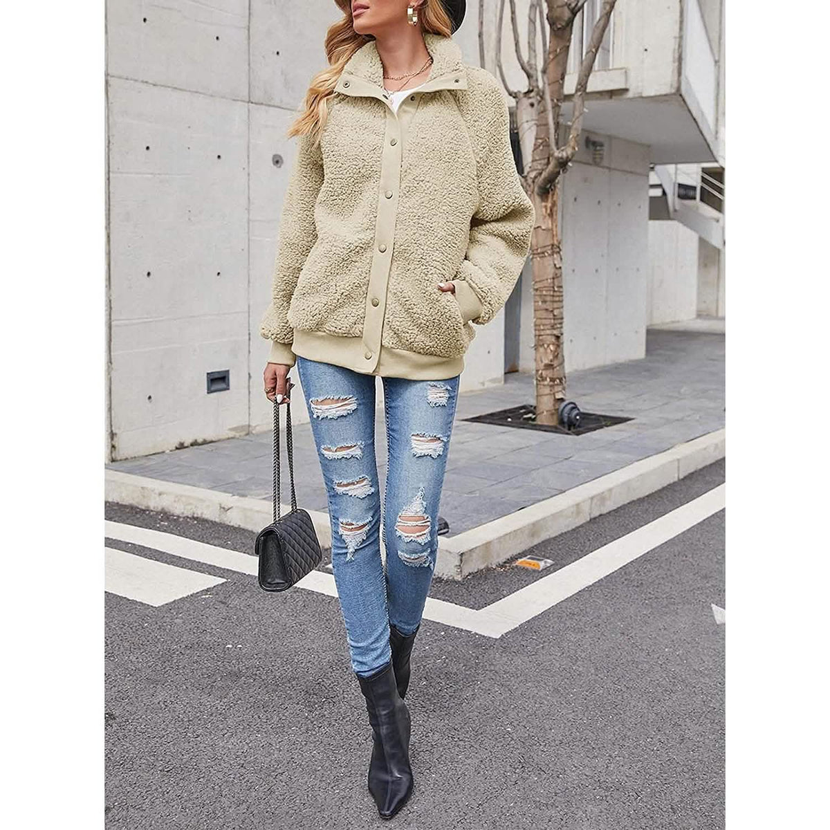 Womens Winter Sherpa Fleece Button Jacket Coat Women's Outerwear - Tophatter Daily Deals