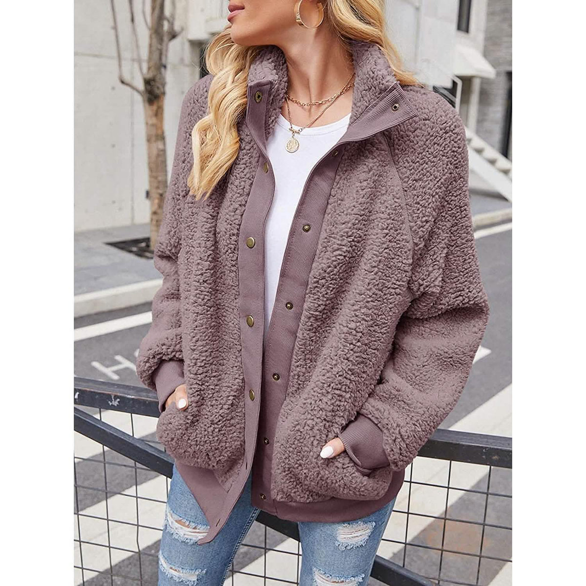 Womens Winter Sherpa Fleece Button Jacket Coat Women's Outerwear - Tophatter Daily Deals
