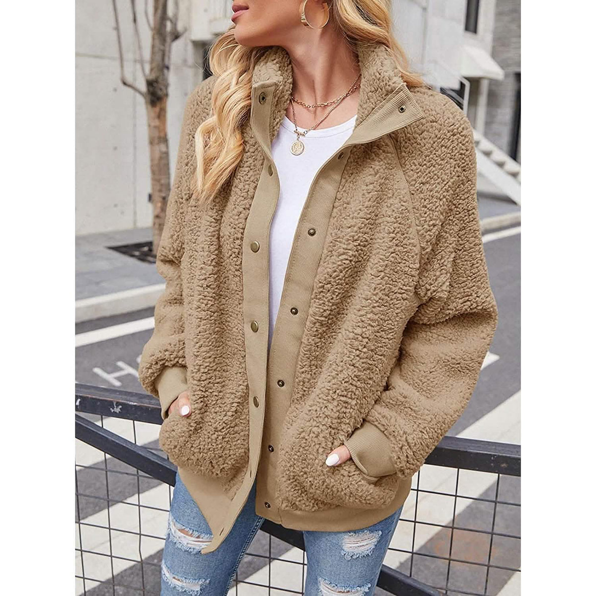 Womens Winter Sherpa Fleece Button Jacket Coat Women's Outerwear - Tophatter Daily Deals