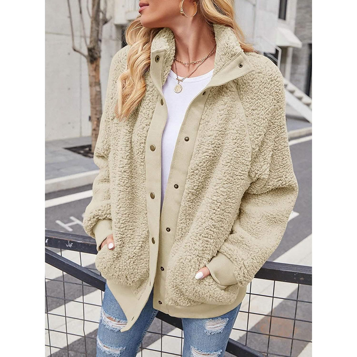 Womens Winter Sherpa Fleece Button Jacket Coat Women's Outerwear - Tophatter Daily Deals