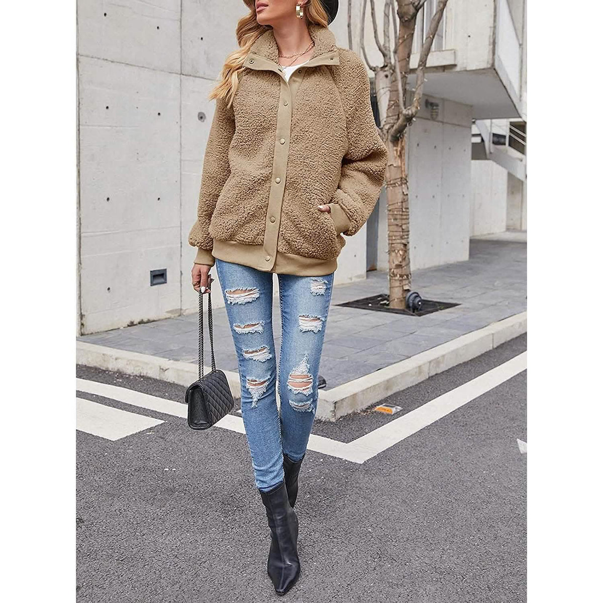 Womens Winter Sherpa Fleece Button Jacket Coat Women's Outerwear - Tophatter Daily Deals