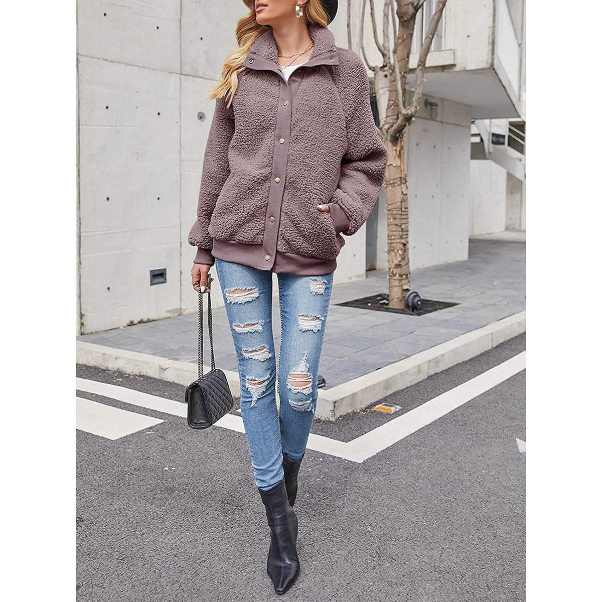 Womens Winter Sherpa Fleece Button Jacket Coat Women's Outerwear - Tophatter Daily Deals