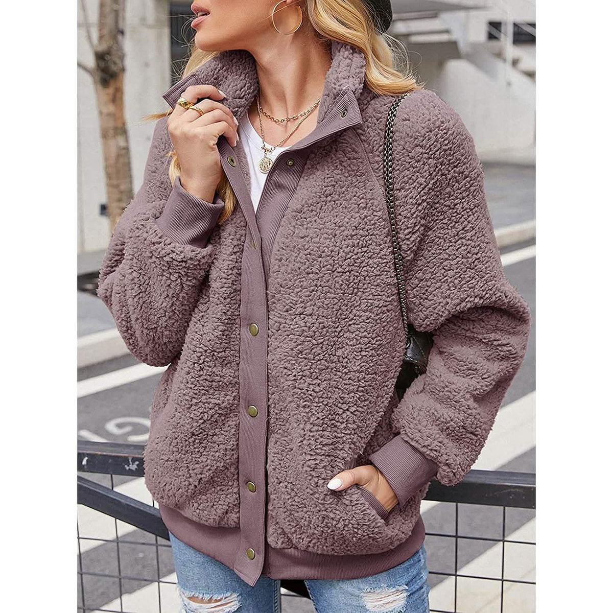 Womens Winter Sherpa Fleece Button Jacket Coat Women's Outerwear - Tophatter Daily Deals
