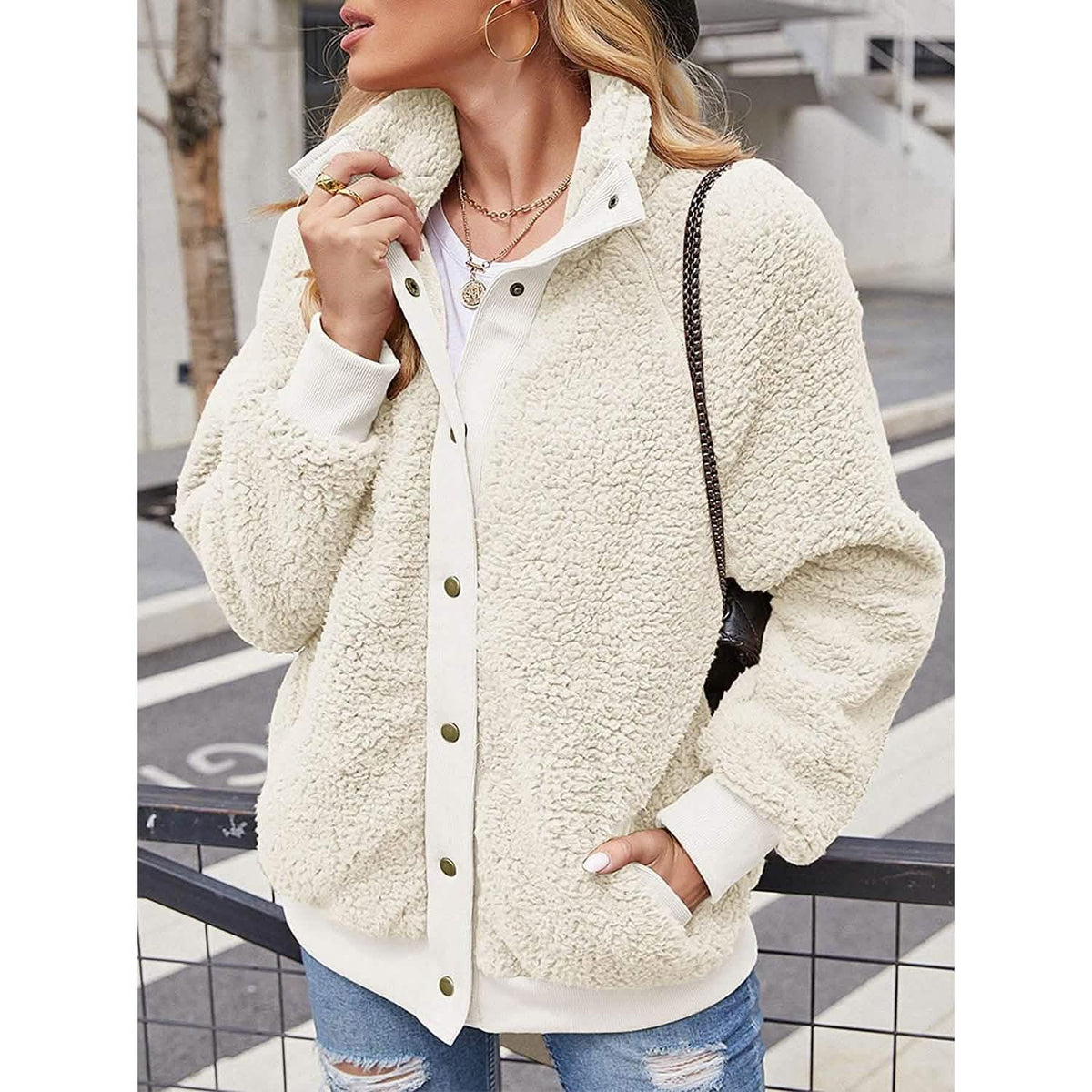 Womens Winter Sherpa Fleece Button Jacket Coat Women's Outerwear - Tophatter Daily Deals