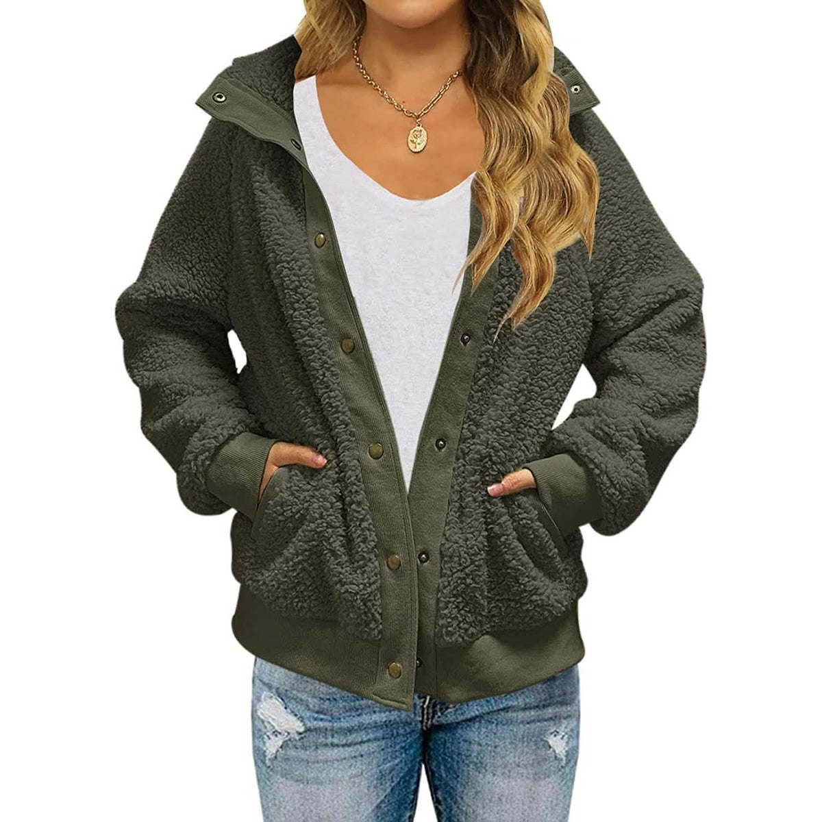 Womens Winter Sherpa Fleece Button Jacket Coat Green Women's Outerwear - Tophatter Daily Deals