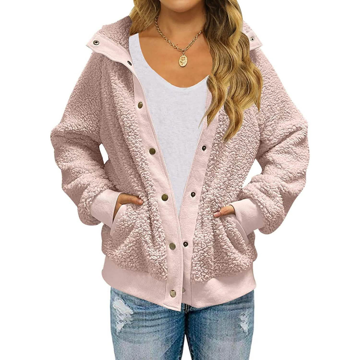 Womens Winter Sherpa Fleece Button Jacket Coat Pink Women's Outerwear - Tophatter Daily Deals