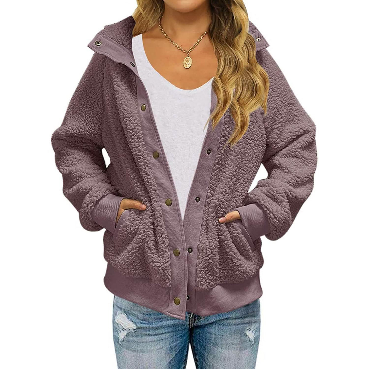 Womens Winter Sherpa Fleece Button Jacket Coat Purple Women's Outerwear - Tophatter Daily Deals
