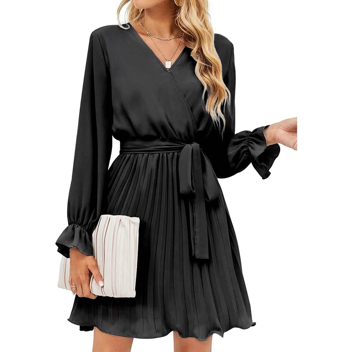 Womens Wrap V Neck Pleated Long Sleeve Mini Dresses Black Women's Dresses - Tophatter Daily Deals